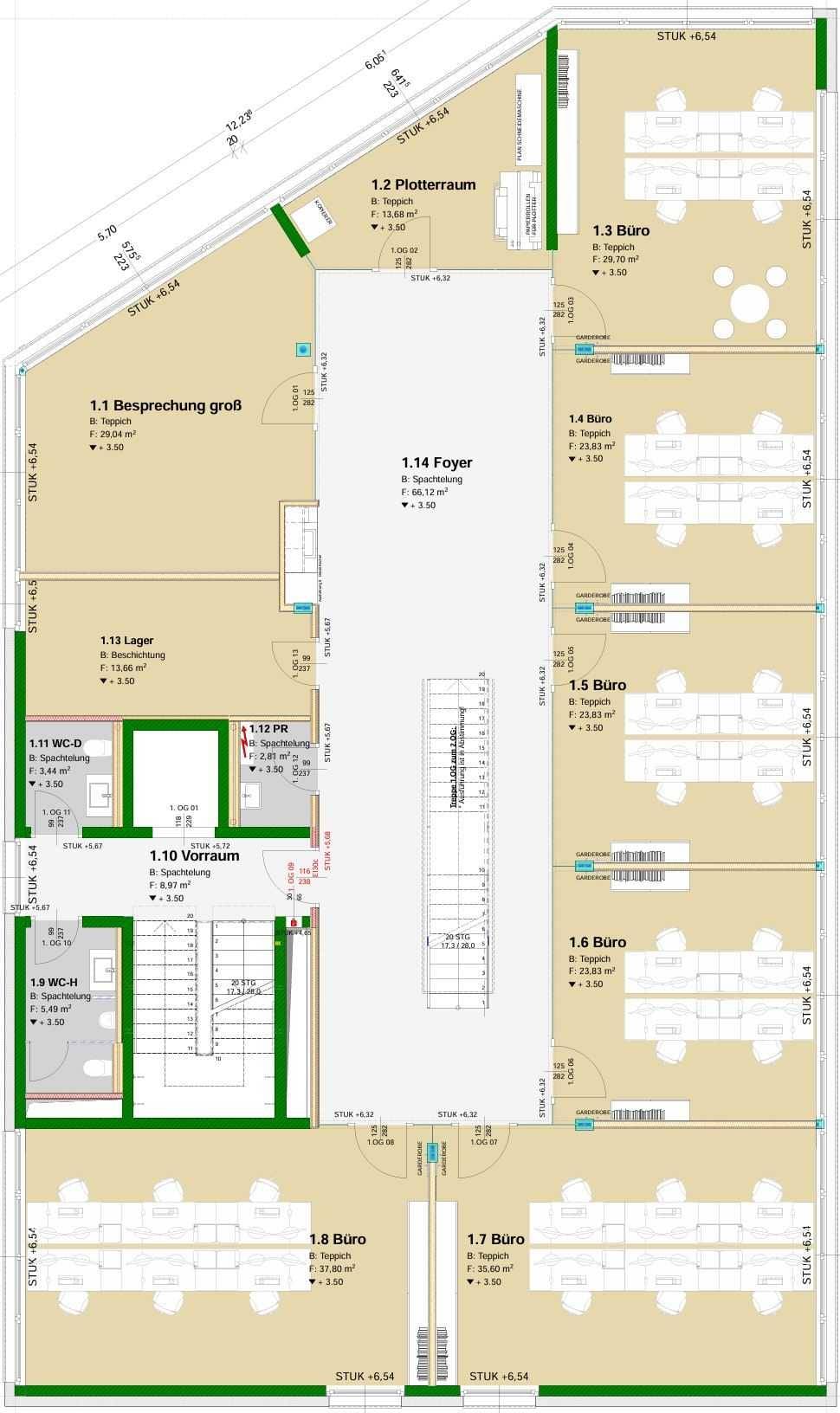 Übersicht der Büroflächen im 1. Obergeschoss